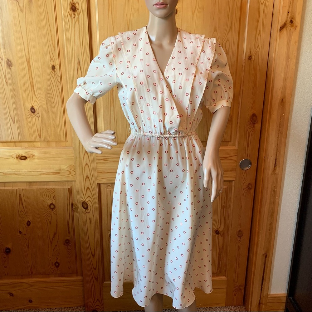 Vintage 70s Lillie Rubin Silk Dress Red Ivory Polka Dots Size 6 Pockets Midi
